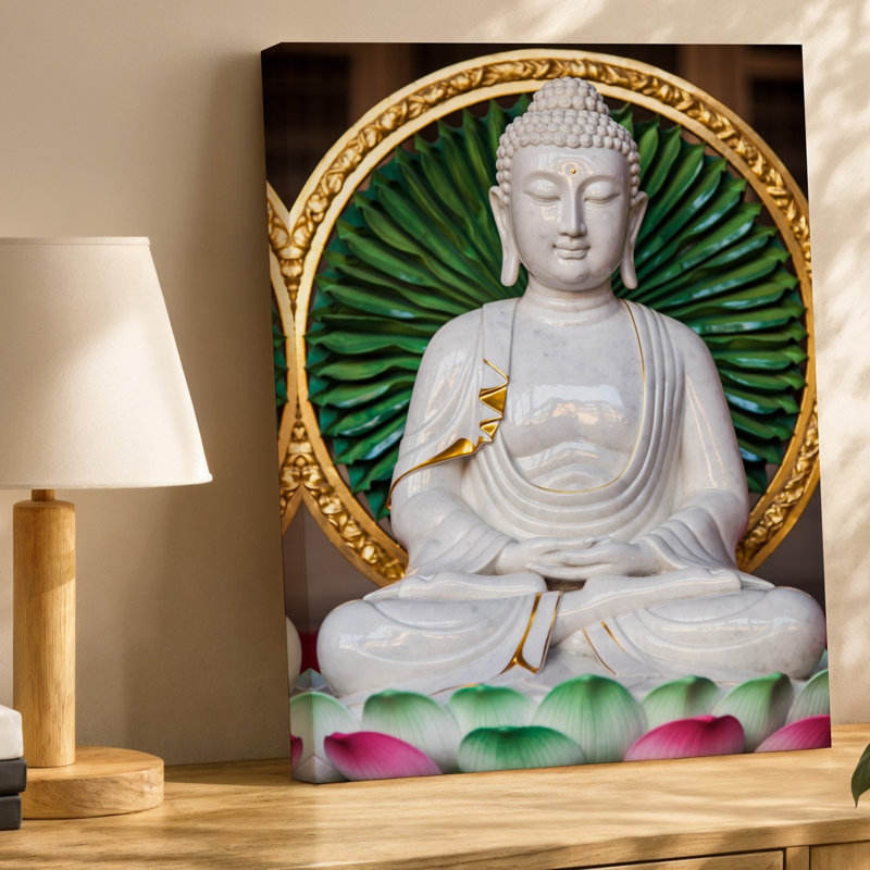 Toile, statue de Bouddha en marbre blanc serein avec détails complexes, art mural, une expression calme et yeux fermés