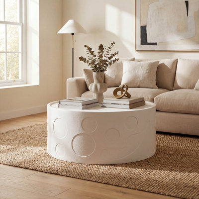 Handcrafted Relief Round Pedestal Side Table,  Ready to Use No Assembly Required