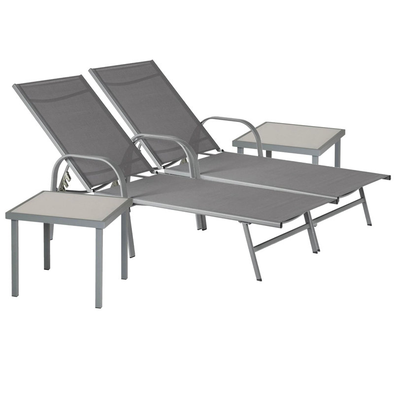 Sussex Sun Loungers and Table Set - 2 Garden Adjustable Loungers with 2 Side Table - Modern Design, Grey