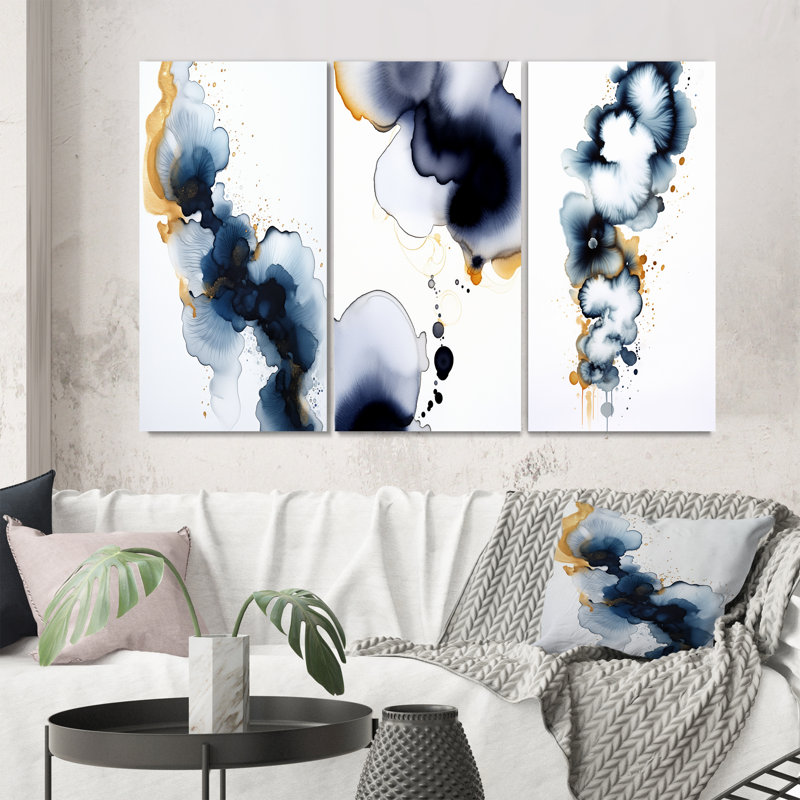 Momentary Spirit Abstract Deep Blue Ink I - Abstract Painting Art Set Of 3 Pieces, H 28 po x l 36 po, Encadré naturel