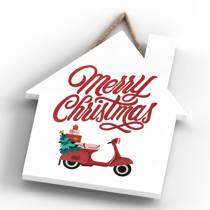 Xmas Merry Christmas Scooter Wooden House Plaque, 18.5cm H x 16cm W x 0.9cm D