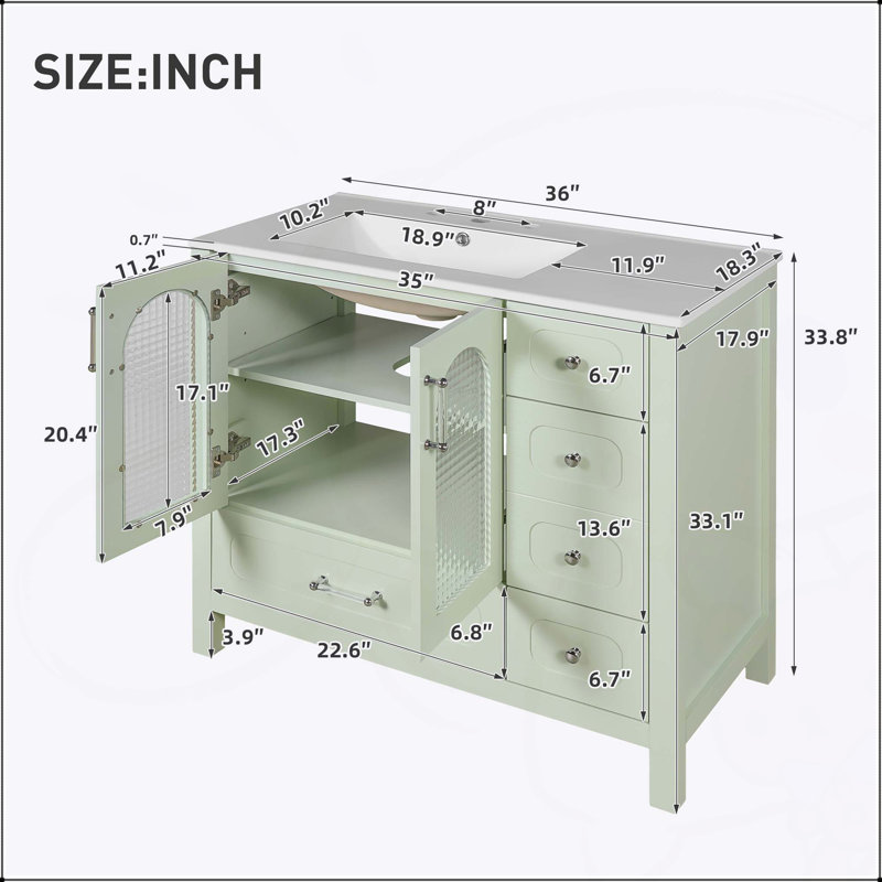 Armoire de salle de bain avec portes texturées gaufrées, huit tiroirs, quatre portes à fermeture en douceur et deux éviers pour un rangement élégant