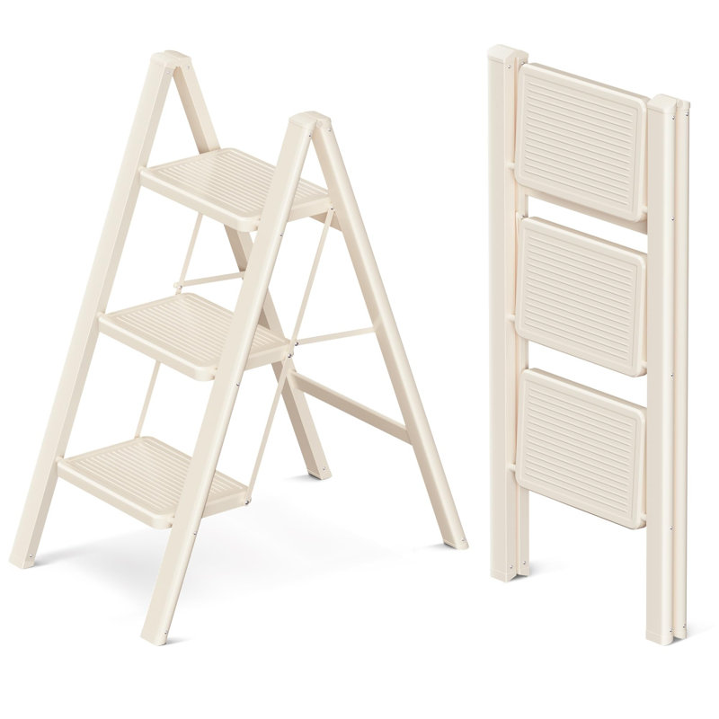 3 Step Stool for Adults, Folding Step Ladder with Secure Footing, Cream White