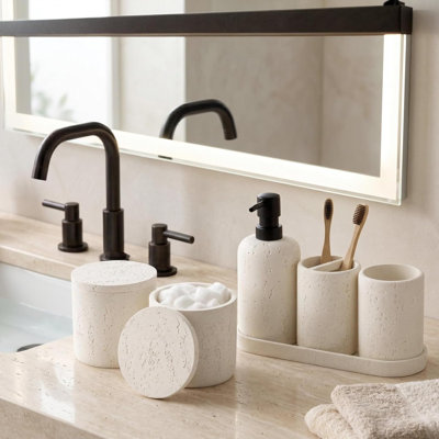Ensemble d'accessoires de salle de bain, aspect pierre de travertin, ensemble d'accessoires de salle de bain 6 pièces avec distributeur de savon, porte-brosse à dents, verre, plateau de coiffeuse, pots en coton-tige pour comptoir (blanc cassé 6 pièces)