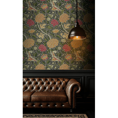 Vintage Floral Vine Wallpaper in Charcoal, Cream, Green and Coral