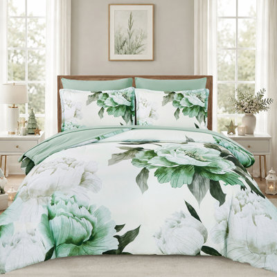 7-Piece Large-Scale Floral Comforter Set Vintage Botanical Print Duvet Cover Set Bed in a bag