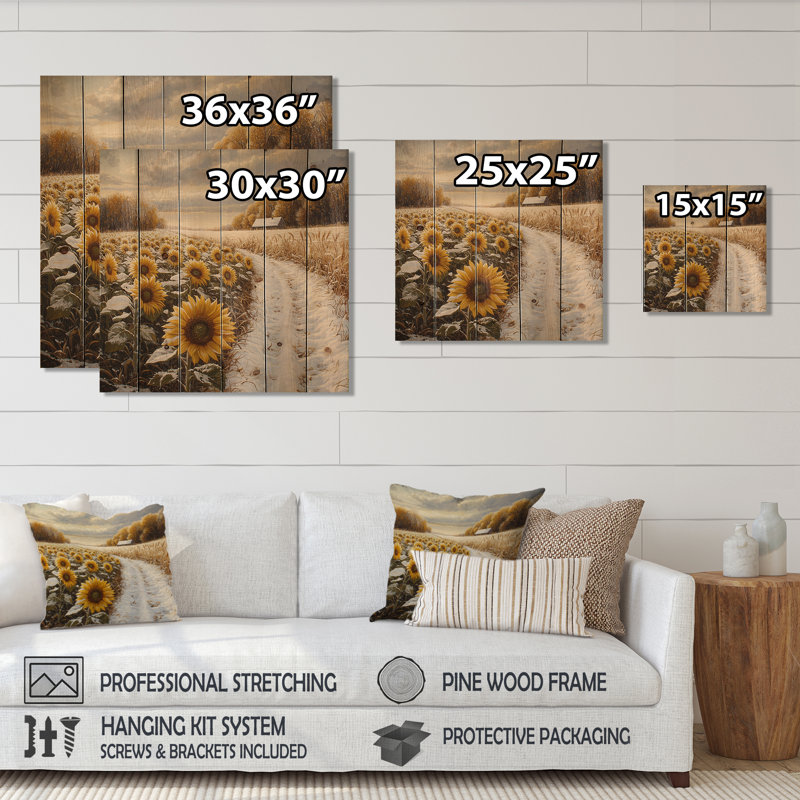 Tournesols le long du chemin enneigé I - Décoration murale en bois de tournesols - sur bois de pin naturel