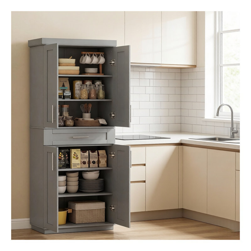 Garde-manger autoportant gris avec portes doubles et tiroir central, Gray