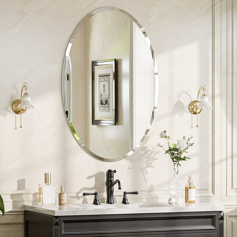 Beveled Frameless Bathroom Vanity Wall Mirror,  36" x 24", Oval