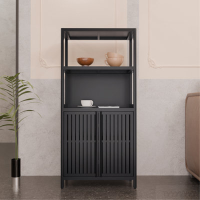 Black Bamboo Storage Cabinet, Separate Bathroom Cabinet With 2 Doors, Floor Cabinet Organizer For Living Room, Kitchen, Entrance