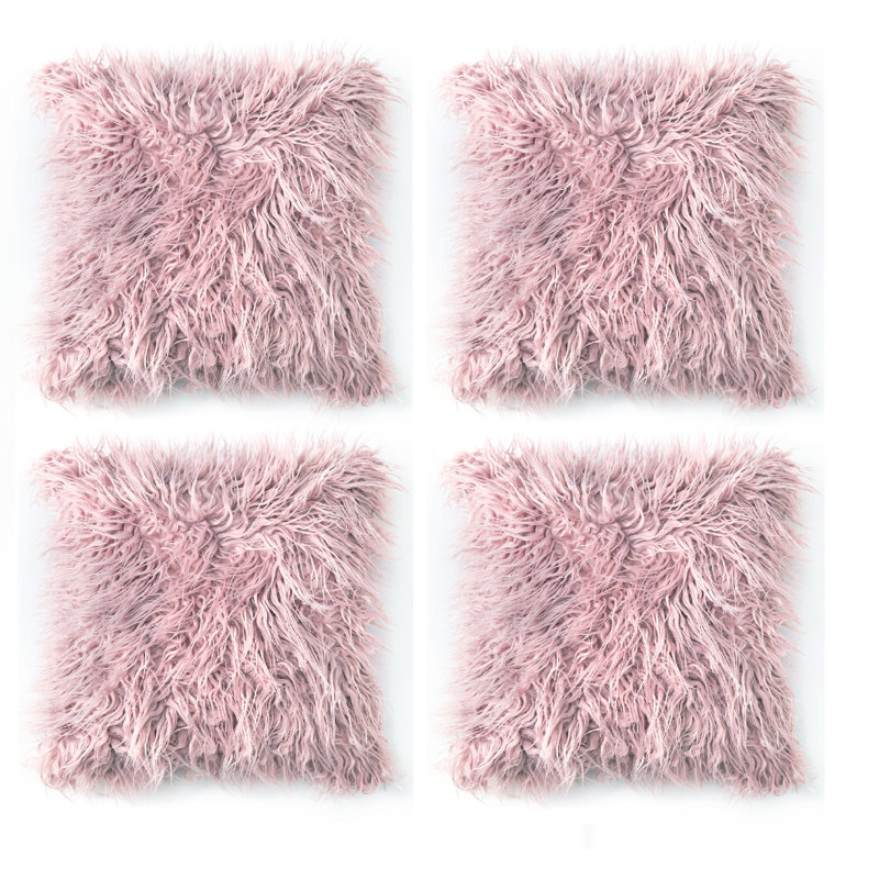 Housse de coussin carré en fausse fourrure avec insert, 20 po x 20 po, Rose foncé, Oui
