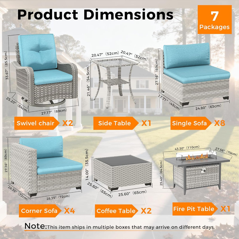 14 - Person Outdoor Wicker Patio Conversation Furniture Set with Fire Pit Table, Blue