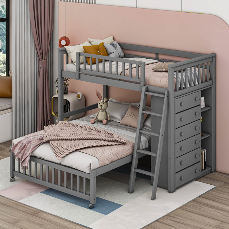 Haoyang Kids Twin Over Full Bunk Bed, Gray