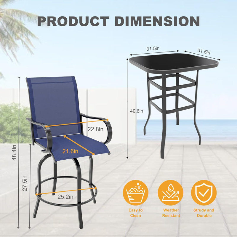 5Pcs  Outdoor Swivel Bar Set With 4 Swivel Chairs And Glass Top Table, All Weather Textile Fabric Outdoor Bar Height Chairs And Table Set Of 5 For Deck, Backyard