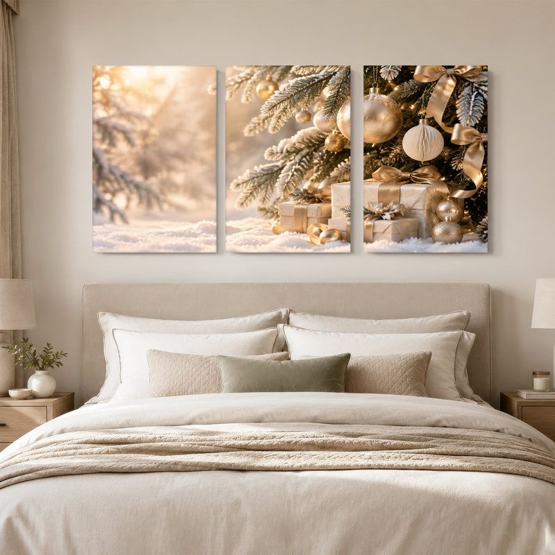 Arbre enneigé pin avec décorations dorées et ensemble de 3 toiles de Noël, L 36 po x H 18 po au total - 3 panneaux