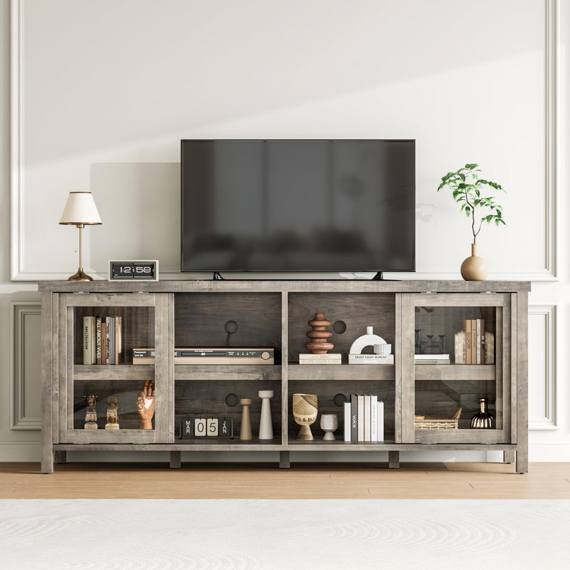 62" TV Stand for 65 Inch TV, Sliding Glass Doors, Mid-Century Modern Entertainment Center with Storage, Gray