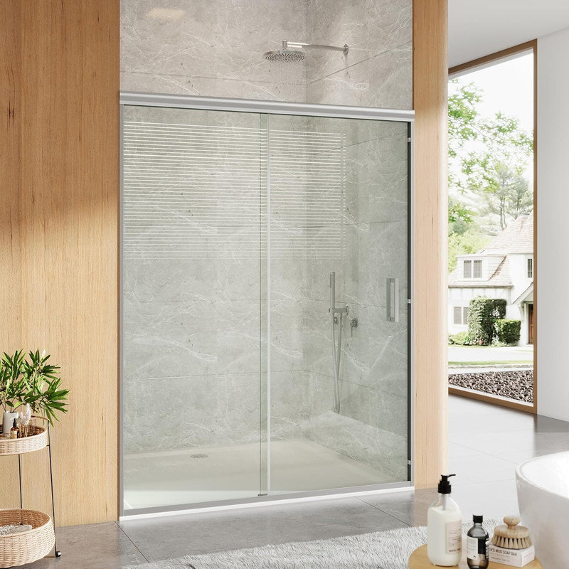 72" x 48-60" Semi-Frameless Shower Door, 6mm Tempered Glass with Stainless Steel Handles, Silver
