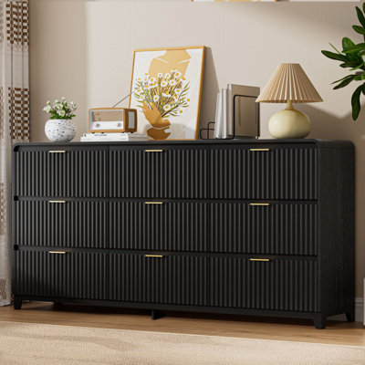 55" Walnut Fluted 9 Drawer Dresser for Bedroom, Modern Chest of Drawers with Anti-Tip Kit