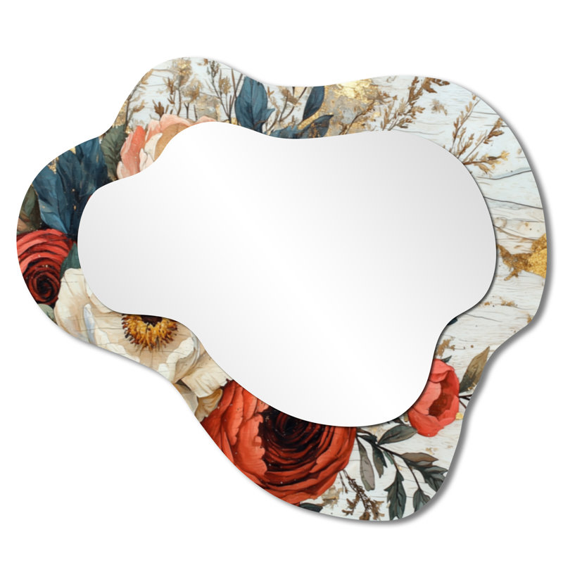 Été assorti de fleurs sur une glissoire en bois - assorti de bouquets de miroir asymétrique irrégulier, 25 po x 28 po