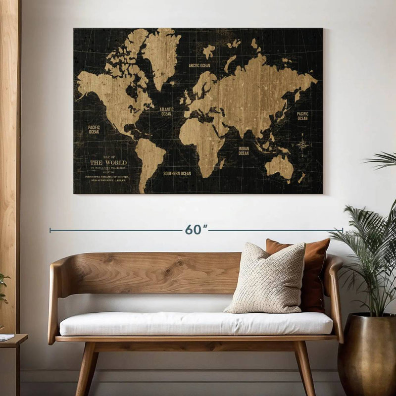 Old world map black gold Aletra, H 34 po x l 51 po