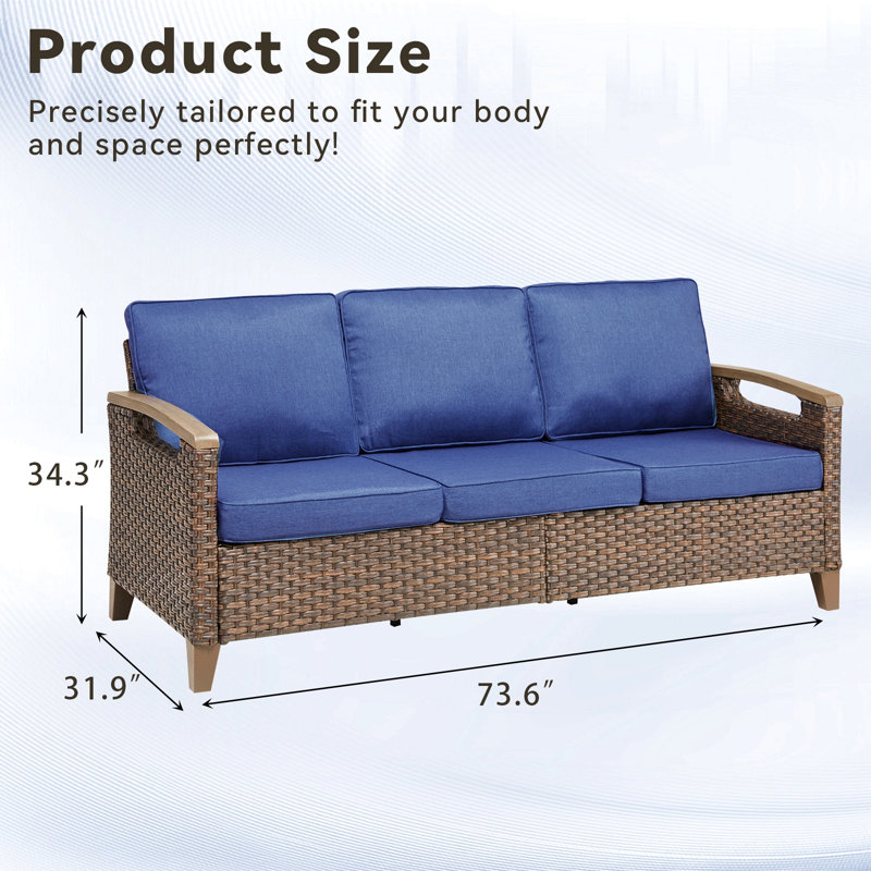 Canapé d'extérieur en osier de 73,6 po de largeur, canapé à assise profonde avec coussins pour la véranda, bleu