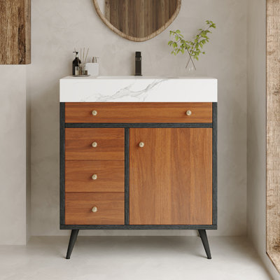  Meuble-lavabo autoportant de 30 po avec lavabo en céramique, 3 tiroirs et 1 armoire de rangement avec poignées dorées Aime