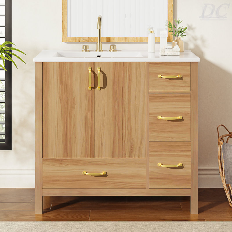 Meuble-lavabo de 36 po en bois avec cadre en bois massif, 2 portes à fermeture douce, 4 tiroirs à fermeture douce, tablette réglable, armoire de rangement moderne