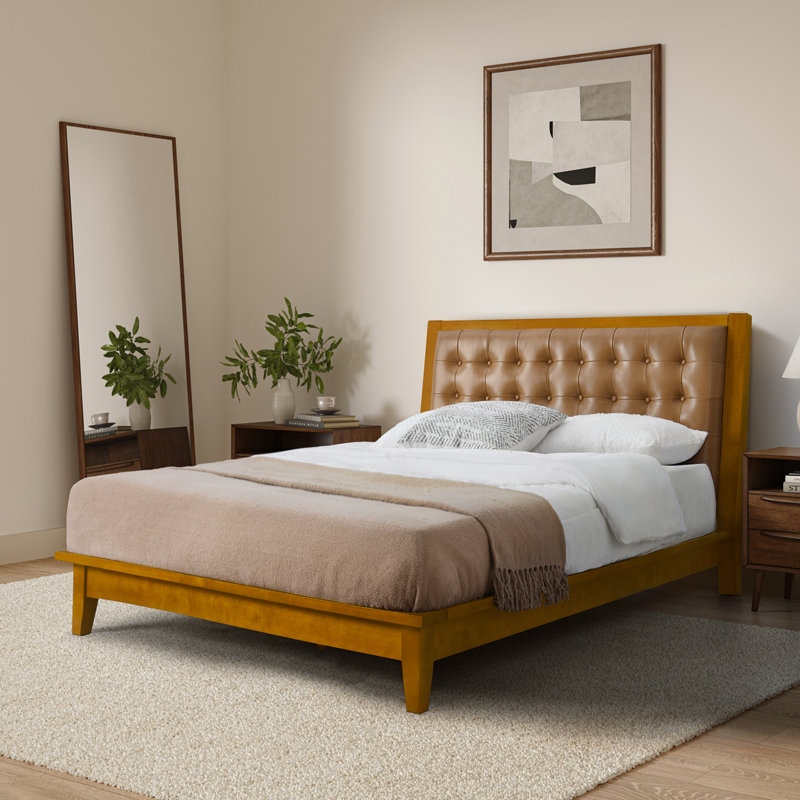 Aviannah Mid-century Modern Genuine Leather Solid Wood Platform Bed with Charging Ports, Queen, Camel