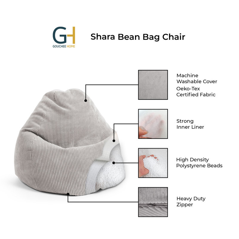 Fauteuil à billes Shara, Velours côtelé gris, Perles de polystyrène
