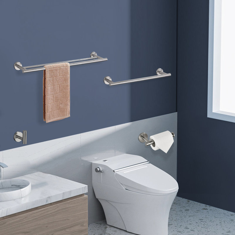 Ensemble de 4 porte-serviettes de salle de bain en acier inoxydable avec quincaillerie de fixation, Nickel brossé