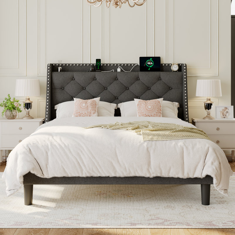 Full Size Bed Frame with Wingback Button Tufted Storage Headboard and Type AC Ports,Upholstered Platform Bed,Wooden Slats Support,No Box Spring Needed,Noise-Free,Dark Grey