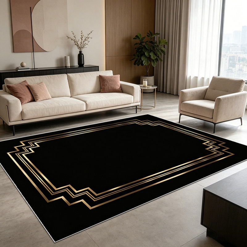 1PC Black Gold Geometric Art Deco Frame area rugs for Living Room, Soft and Comfortable, Suitable for all seasons, easy-to-maintain, machine washable Indoor floor mat, Under Table Farmhouse suitable for dining room, bedroom, entryway, kitchen,