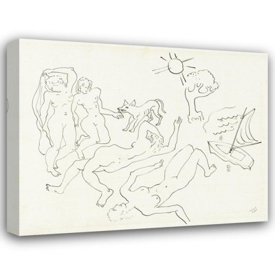 "Four Naked Women with Dog, Boat, Tree and Sun" by  Tinus Van Doorn - Gallery Wrap Canvas Wall Art