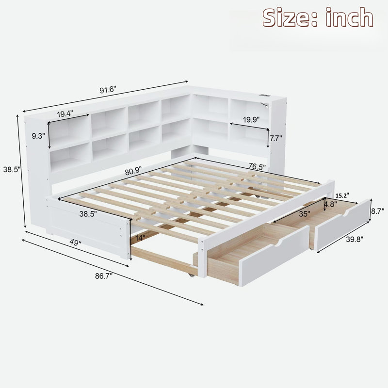 Lit de jour moderne avec 2 tiroirs de rangement, armoires de rangement, lumière DEL et ports USB, Blanc
