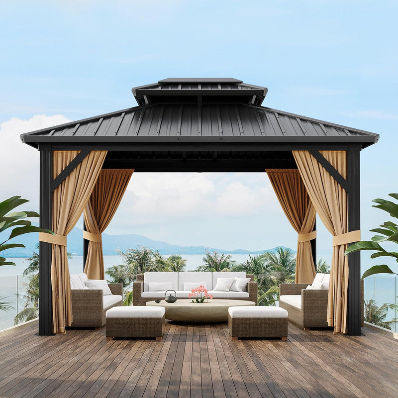 10x10FT Aluminum Hardtop Gazebo with Double Roof, Curtains & Netting for Garden & Patio