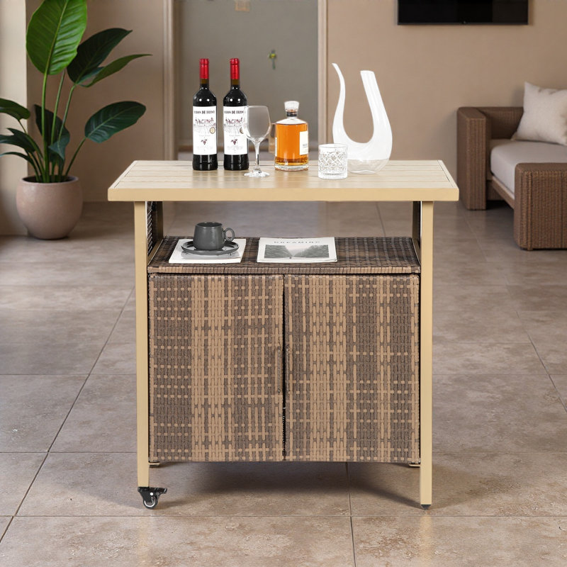 Outdoor Wicker Bar Cart, Patio Wine Serving Cart W/Wheels , Rolling Rattan Beverage Bar Counter Table W/Glass Top For Porch Backyard Garden Poolside Party