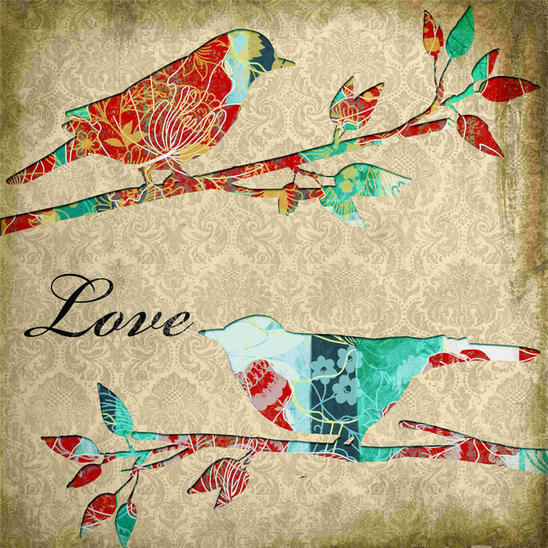 Oiseaux amoureux - peinture sur toile tendue, H 30 po x l 30 po
