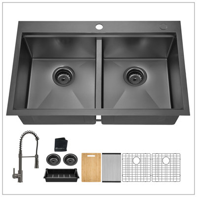 33X22 Inch Gunmetal Black Topmount Double Bowl Workstation Kitchen Sink 18 Gauge Stainless Steel With Black Faucet