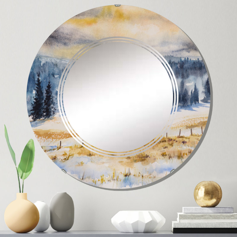 Paysage d'hiver avec arbres enneigés - Miroir mural rond, 24 po x 24 po