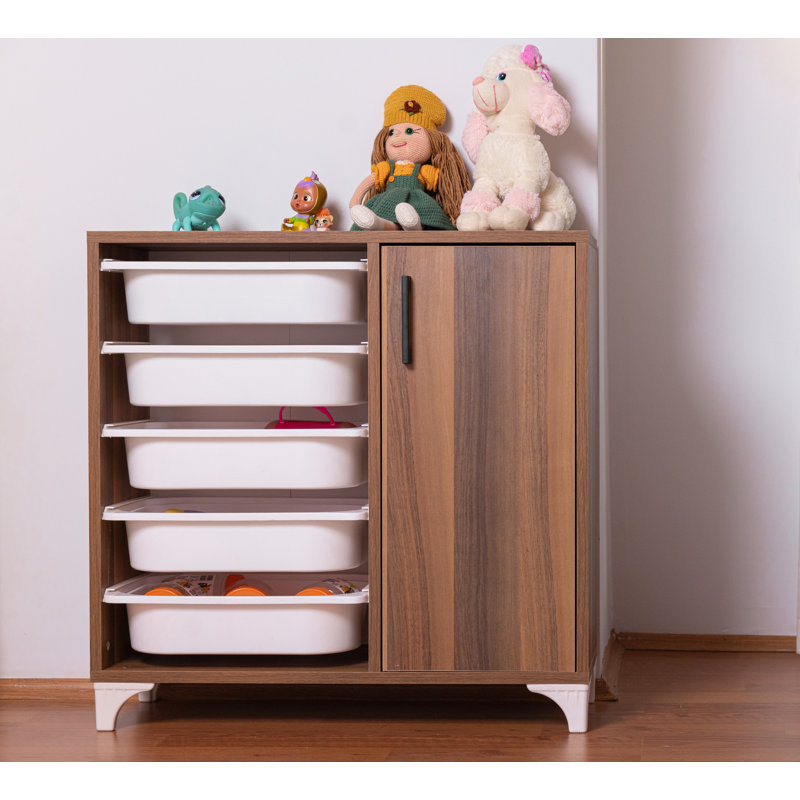 Organisateur de jouets en bois manufacturé avec 5 bacs et porte, Noyer