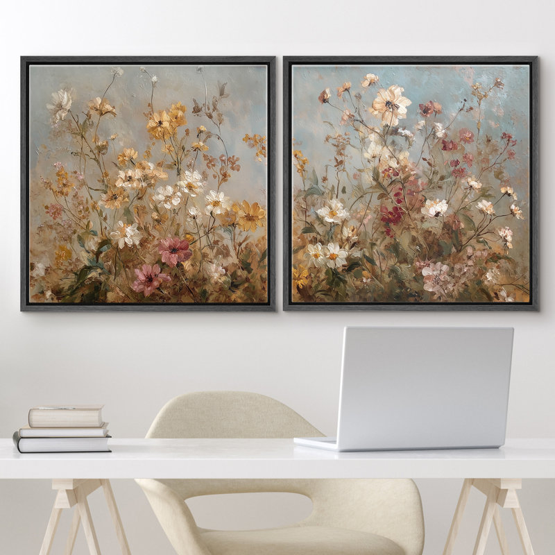 Warm Rustic Daisy and Meadow Flower Botanical Wall Decor Framed Master Bedroom Wall Art Work 2 Pieces Print, 24" H x 24" W