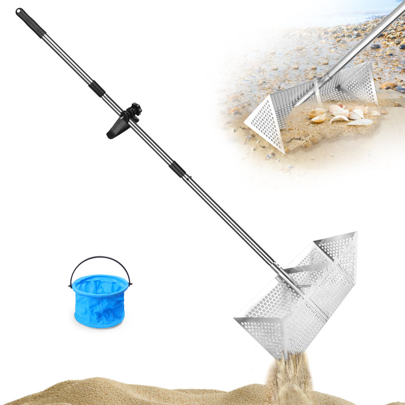 Stainless Steel Beach Sand Sifter, Beach Sand Shovel with Shell Basket, 133 cm Adjustable Sand Shovel with Three Piece Handle 20×40 cm Basket, Sand Shovel and Digging Tools Silver White