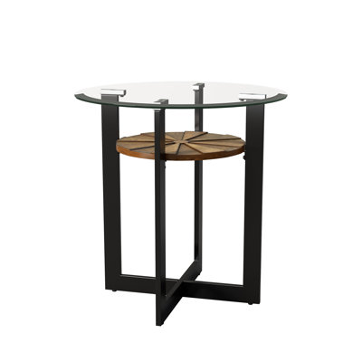 Tempered Round Glass End Table With Wood Shelf With Cross Iron Legs