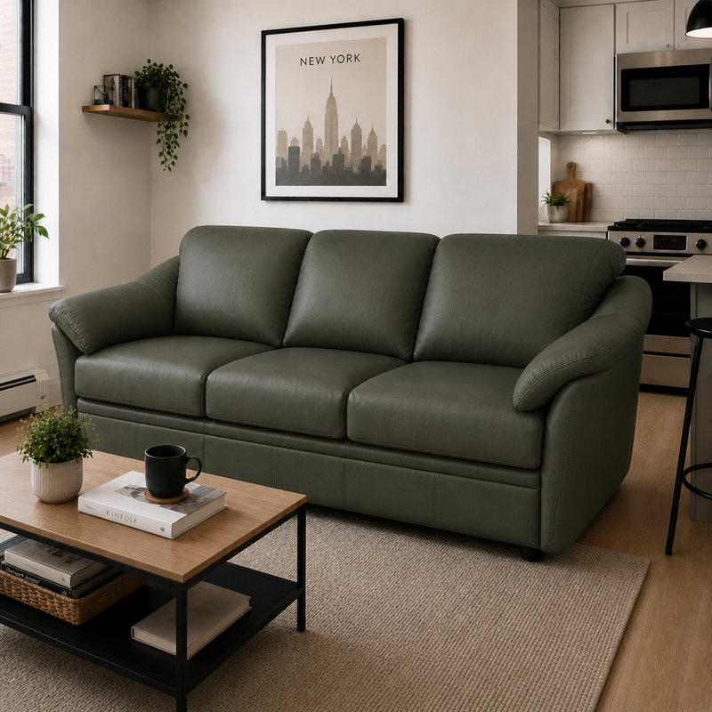 Ramdev Top Grain Leather Sofa with Top Pillow Arm in Charcoal Color, Sofa, Charcoal Genuine Leather