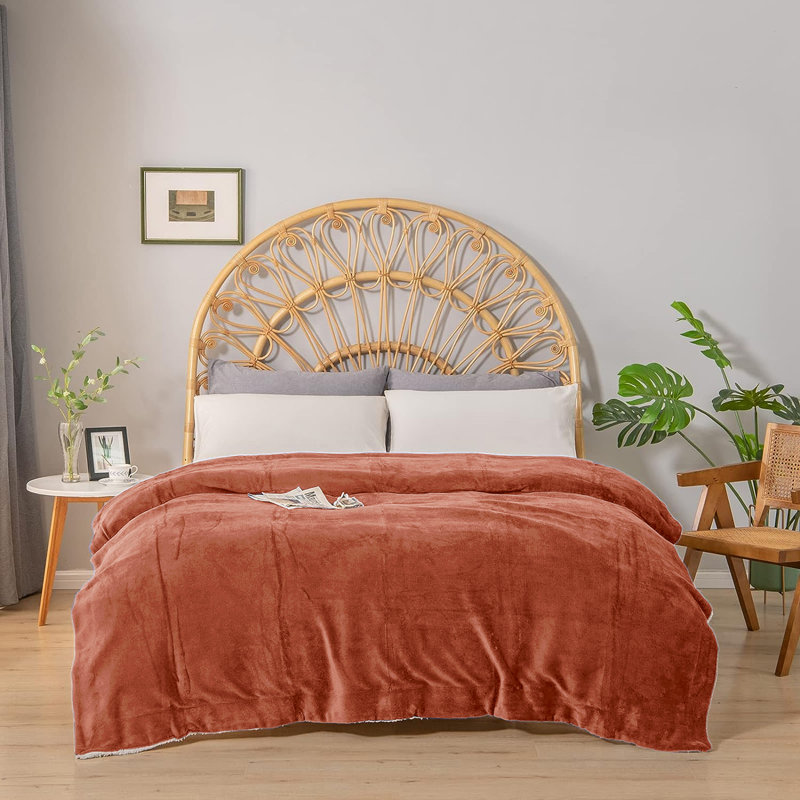 Luxury Sherpa Fleece Throw Blanket, Bedroom, Bedding, King size, Double, 150cm W x 200cm L, Rust