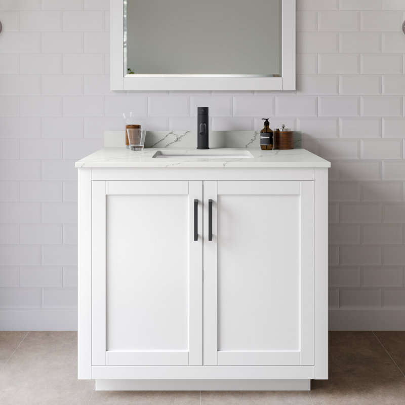 Ensemble de meuble-lavabo simple 36 po avec plateau en quartz Miranda, Quartz Giotto, Blanc, Noir mat