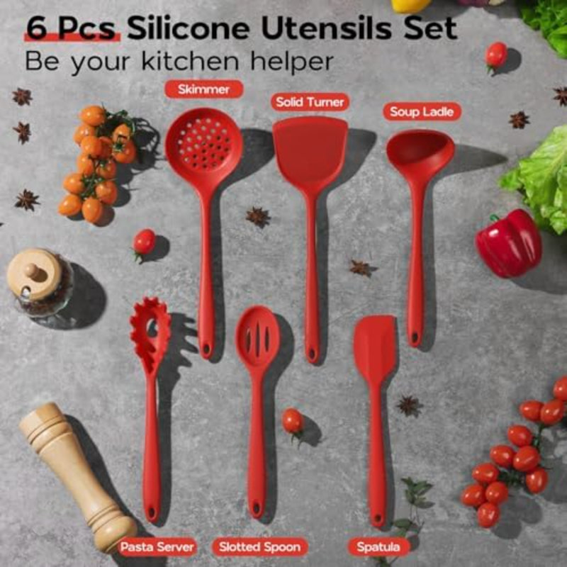 Ensemble d'ustensiles de cuisine en silicone, rouge, 6 pièces, résistant à la chaleur, compatible avec les revêtements antiadhésifs et non toxique.
