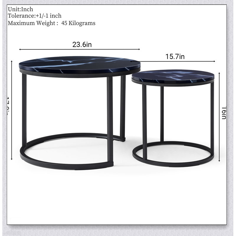 Ensemble de 2 tables basses gigognes avec dessus en marbre et cadres en métal robustes, parfaits pour un décor moderne et industriel