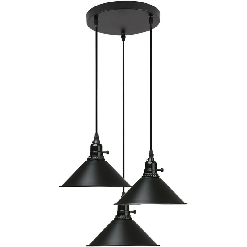 3-Light Cone Pendant Light – Industrial Kitchen Island Ceiling Fixture with Adjustable Height & E27 Bulbs, Black, Yes