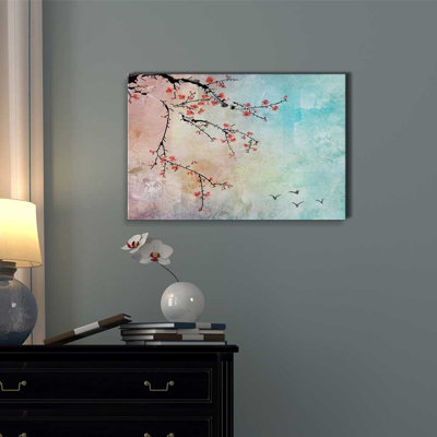 Flower Blossom " Beautiful Watercolor Illustration Of Cherry Blossoms And Birds In The Sky "